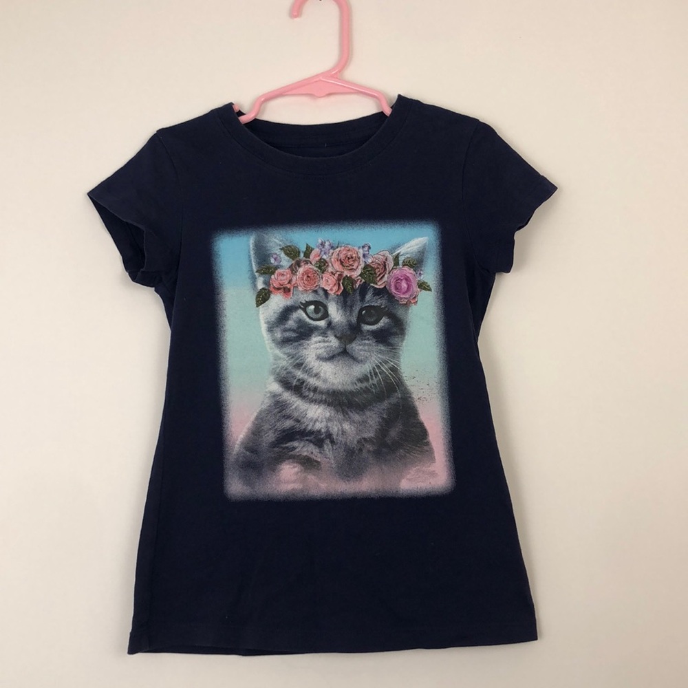 Time 2 Shine shortsleeved kids tee with cat flower crown print blue 4/5 XS
